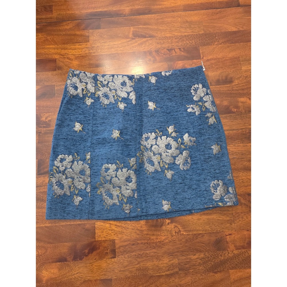 Free People Blue Silver Metallic Floral Brocade Mini Skirt 10 A-Line Skirt 222